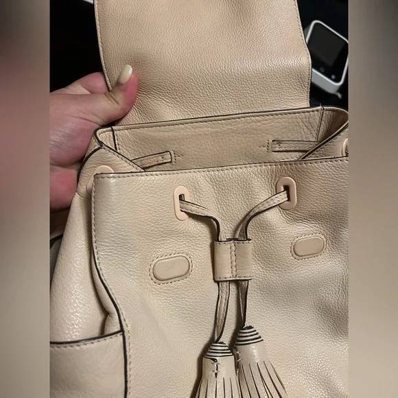 Tory Burch Cream Pebbled Leather Backpack with Tassels - Picture 4 of 4